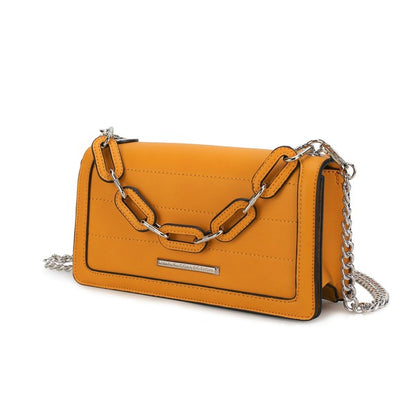 Yellow MKF Dora Crossbody Bag with silver-tone hardware and removable strap.