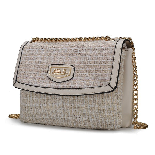 Gold Mackenzie Tweed Shoulder Bag with gold-tone chain strap and tweed texture.