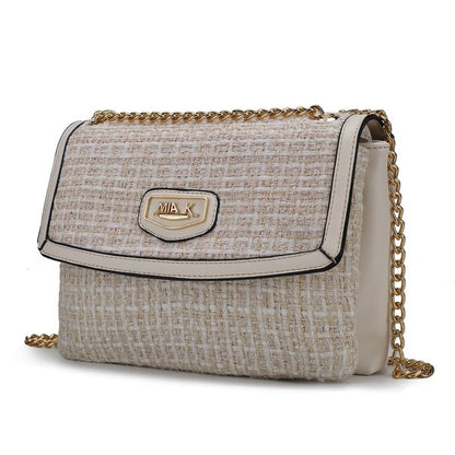 Gold Mackenzie Tweed Shoulder Bag with gold-tone chain strap and tweed texture.