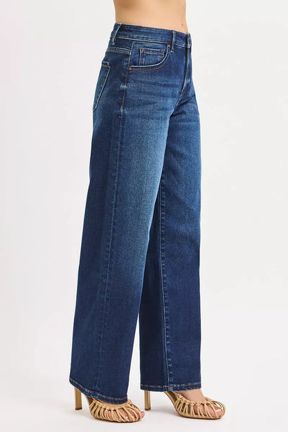 Badu Mid Rise Wide Baggy Jeans Dark Wash side angle showing wide silhouette.