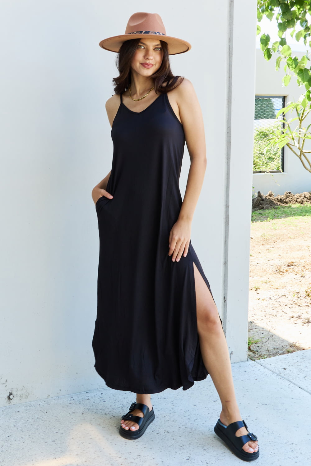 Ginny Cami Side Slit Maxi Dress in Black