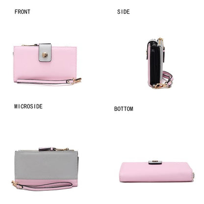 MKF Collection Solene wristlet wallet in pink showing front, side, back, and bottom views with gold-tone hardware.
