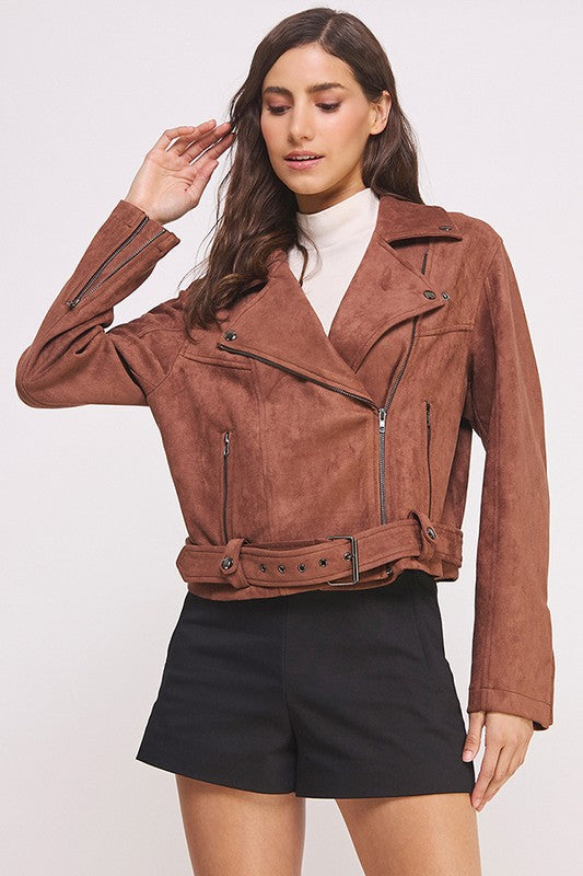 Chocolate belted long sleeve zippered suede moto jacket with front zippers, snap details, and two zipper pockets.