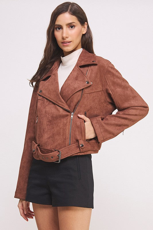 Chocolate belted long sleeve zippered suede moto jacket with front zippers, snap details, and two zipper pockets.