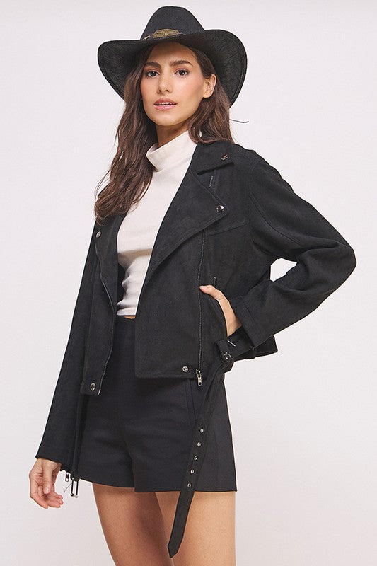 Black belted long sleeve zippered suede moto jacket with front zippers, snap details, and two zipper pockets.