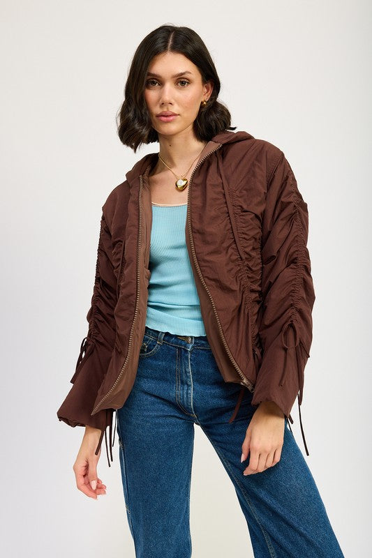 Candes Ruched Puff Jacket in brown front view with zipper open