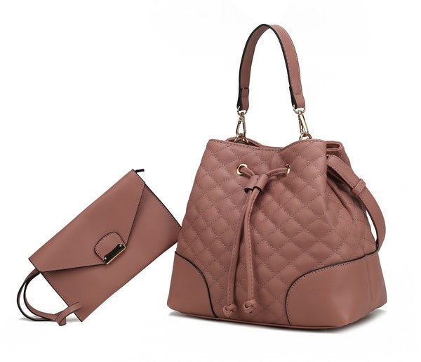 MKF Collection Wendy Bucket Hobo Bag in Mauve with gold-tone hardware and drawstring closure.