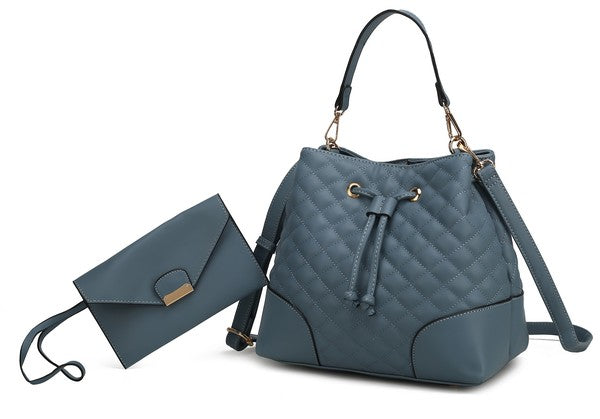 MKF Collection Wendy Bucket Hobo Bag in Denim blue with gold-tone hardware and drawstring closure.