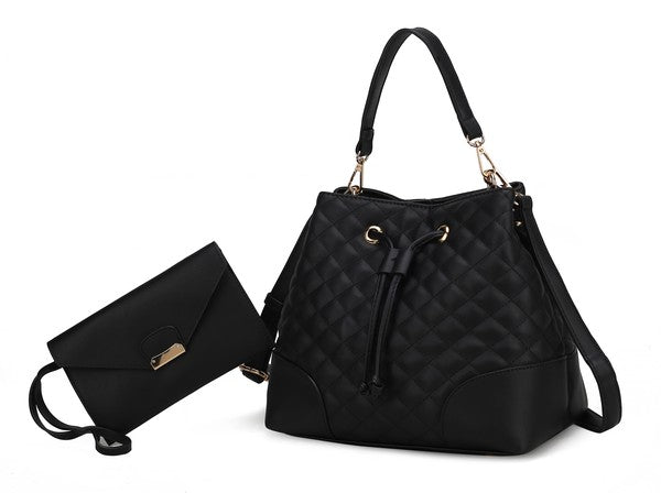 MKF Collection Wendy Bucket Hobo Bag in Black with gold-tone hardware and drawstring closure.