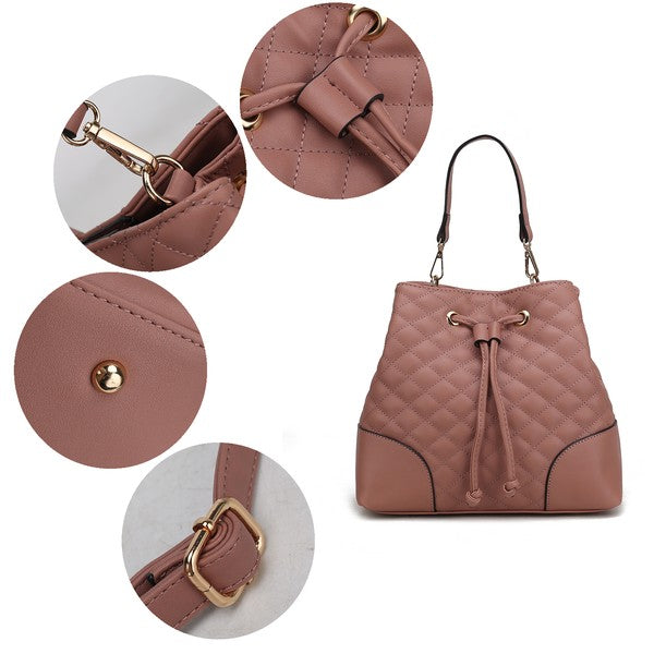 Close-up of Mauve MKF Wendy Bag drawstring and gold logo hardware details.