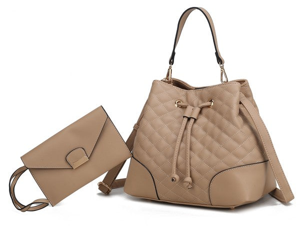 MKF Collection Wendy Bucket Hobo Bag in Taupe with gold-tone hardware and drawstring closure.