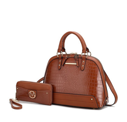 Cognac Nora Satchel with matching wallet on white background.