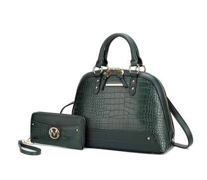 Forest Green Nora Satchel with matching wallet on white background.