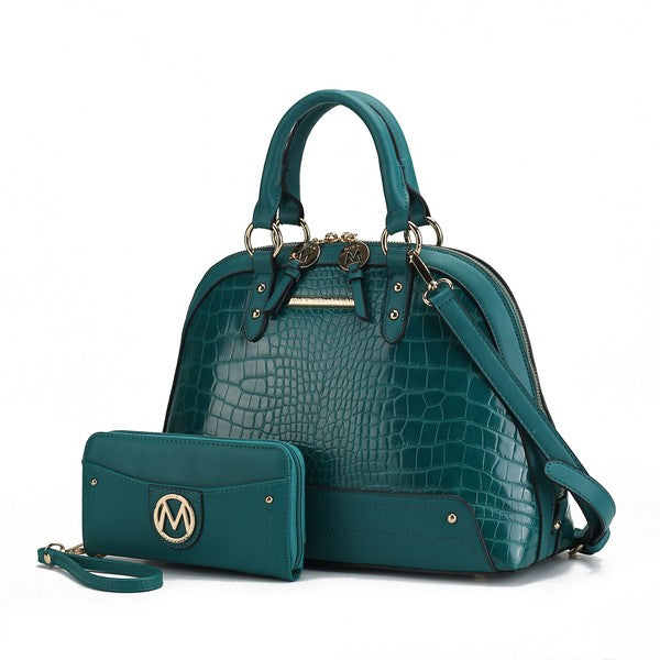Teal Nora Satchel and wallet featuring embossed texture and polished gold hardware.