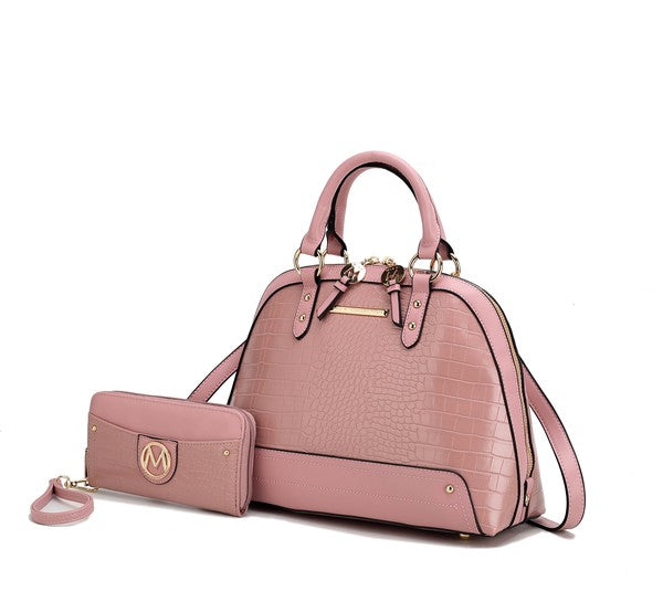 Rose Nora Satchel with wallet showing soft pink hue and crocodile-embossed texture.