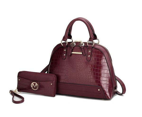 Eggplant Nora Satchel with matching wallet on white background.