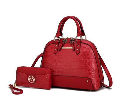 Red Nora Satchel with matching wallet featuring gold hardware and embossed finish.