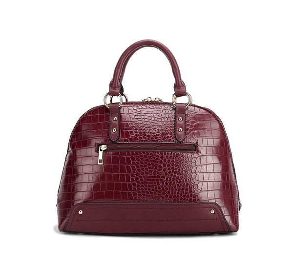 Back view of Eggplant Nora Satchel with zipper pocket and smooth panel detail.