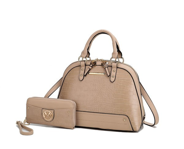 Taupe Nora Satchel with wallet featuring neutral tone and croco-embossed finish.