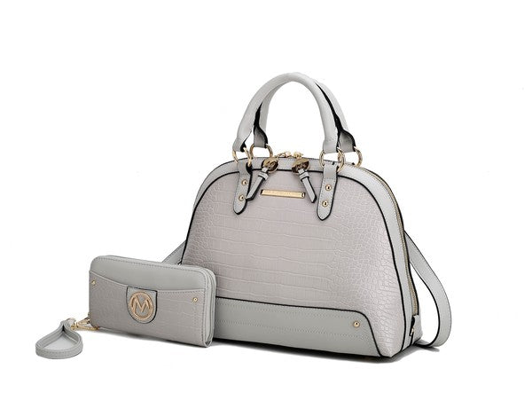 Gray Nora Satchel with matching wallet featuring gold hardware and croco texture.