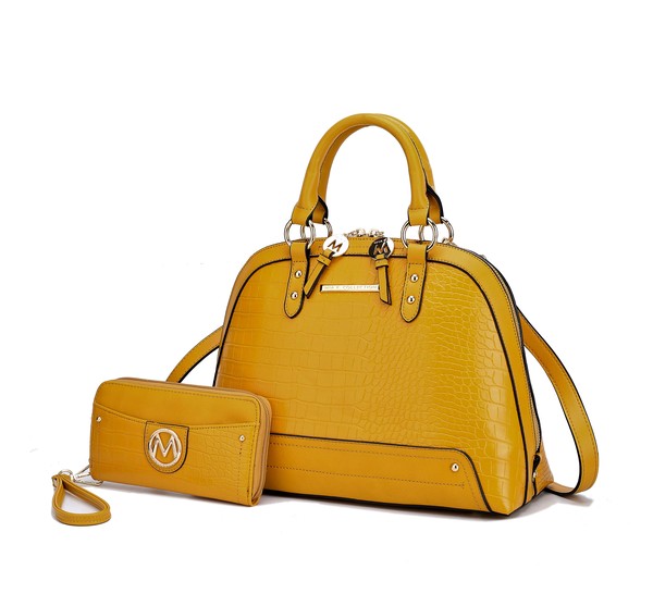 Mustard Nora Satchel with wallet showing embossed crocodile pattern and gold details.