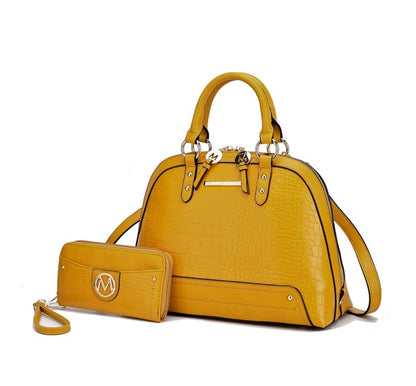 Mustard Nora Satchel with wallet showing embossed crocodile pattern and gold details.