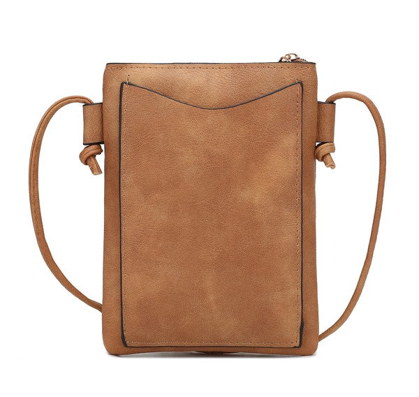 Back view of beige Amentia Crossbody showing rear slip pocket and smooth texture.
