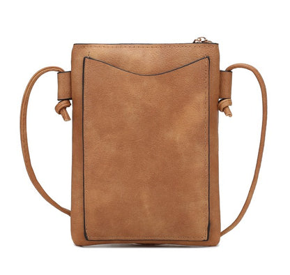 Back view of beige Amentia Crossbody showing rear slip pocket and smooth texture.