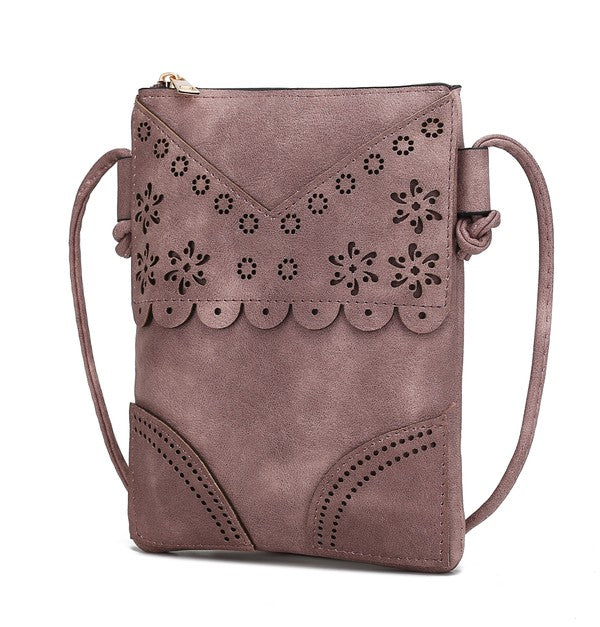 Rose Amentia Crossbody Bag featuring soft blush tone and feminine cutout details.