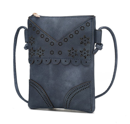 Navy Amentia Crossbody Bag with floral laser-cut pattern and structured shape.