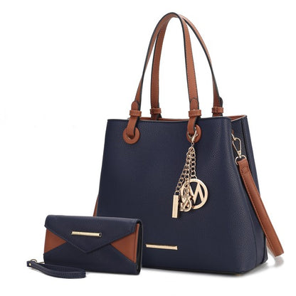 Navy Kearny tote with matching wallet, gold-tone details, vegan leather.