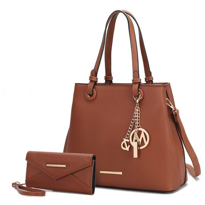 Cognac Kearny tote and wallet set, gold-tone details, vegan leather.