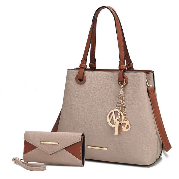 Taupe Kearny tote and wallet set, vegan leather, gold-tone accents.
