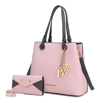 Pink Kearny tote and wallet, vegan leather, gold-tone hardware.