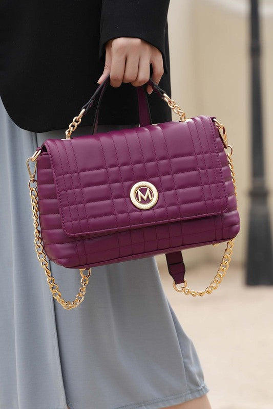 MKF Lola Quilted Vegan Leather Shoulder Bag in Burgundy with gold hardware and top handle.