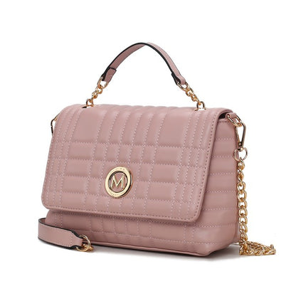 Front view of MKF Lola Pink Quilted Bag with magnetic snap closure and elegant stitch detail.