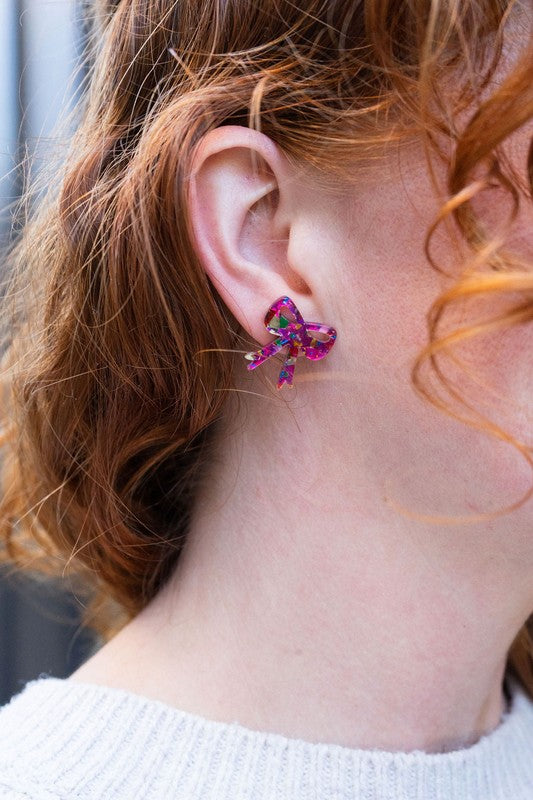 Confetti Bow Studs in Hot Pink