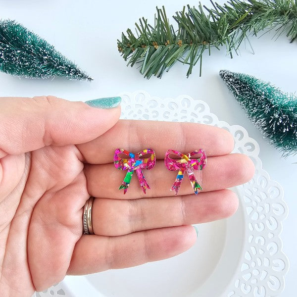 Confetti Bow Studs in Hot Pink