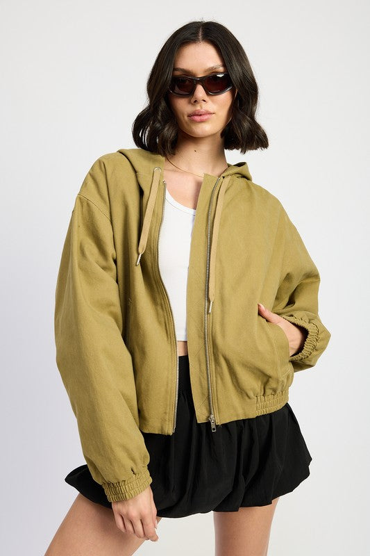 Bryn Denim Hoodie in khaki, front view with zip closure and pockets