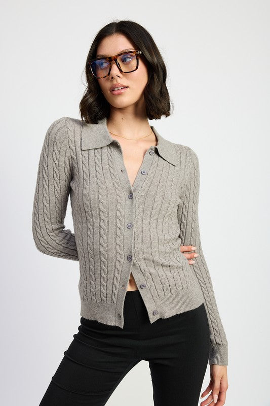 Front view of Luiza Cable Knit Cardigan Top in gray with collared neckline and button front.