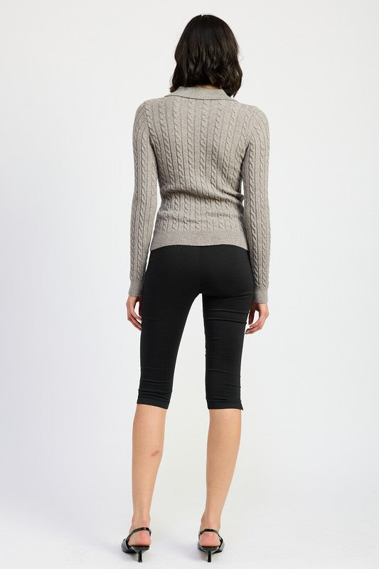 Back view of Luiza Cable Knit Cardigan Top in gray featuring ribbed hem and long sleeves.