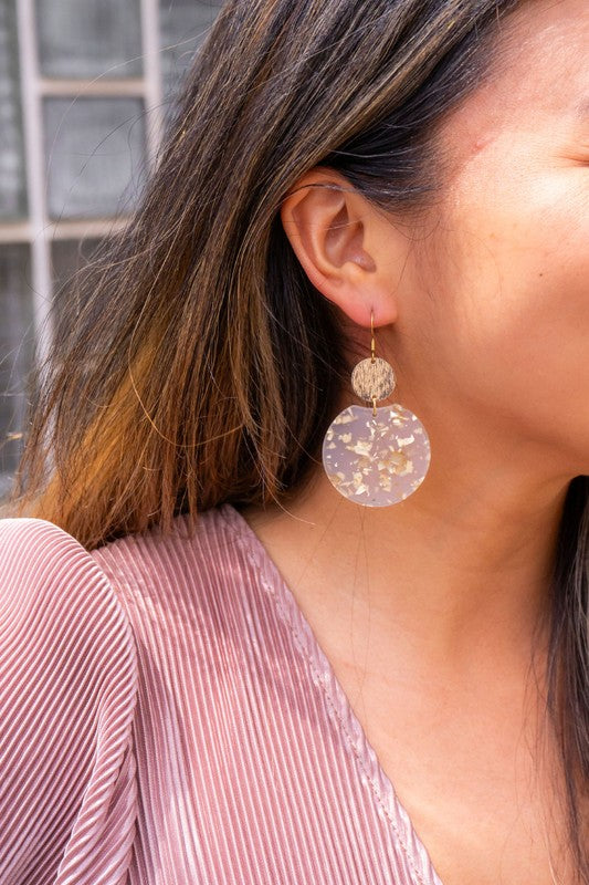 Zoey Earrings - bold statement earrings with unique acrylic design, featuring 18K gold-plated hypoallergenic stainless steel hooks, gold-plated brushed brass charms, and gold flake variations. 