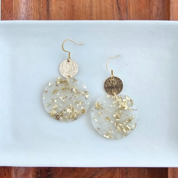 Zoey Earrings - bold statement earrings with unique acrylic design, featuring 18K gold-plated hypoallergenic stainless steel hooks, gold-plated brushed brass charms, and gold flake variations. 