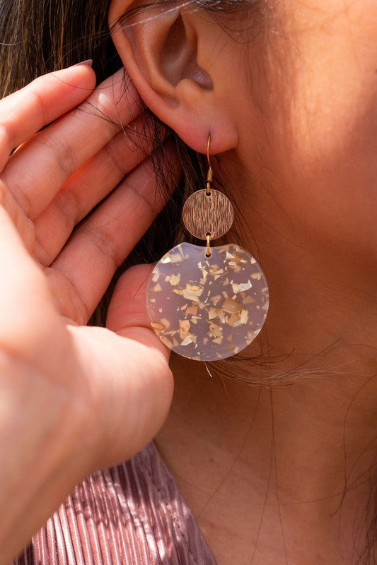 Zoey Earrings - bold statement earrings with unique acrylic design, featuring 18K gold-plated hypoallergenic stainless steel hooks, gold-plated brushed brass charms, and gold flake variations. 