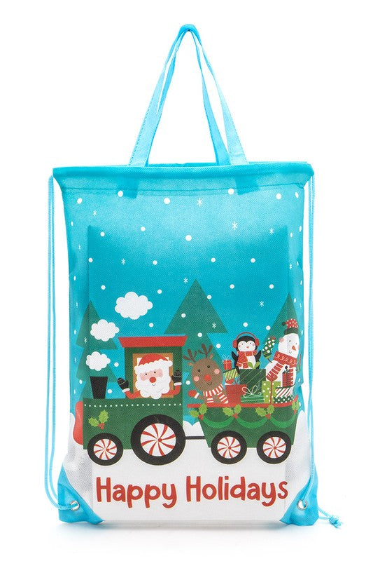 Holiday gift bag with a festive design, perfect for larger presents. Adjustable height from 16.75" to 22.5". Includes a cheerful snowman or jolly Santa design.