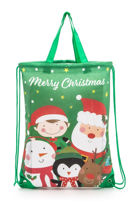 Holiday gift bag with a festive design, perfect for larger presents. Adjustable height from 16.75" to 22.5". Includes a cheerful snowman or jolly Santa design.