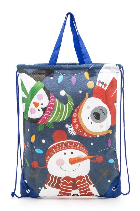 Holiday gift bag with a festive design, perfect for larger presents. Adjustable height from 16.75" to 22.5". Includes a cheerful snowman or jolly Santa design.