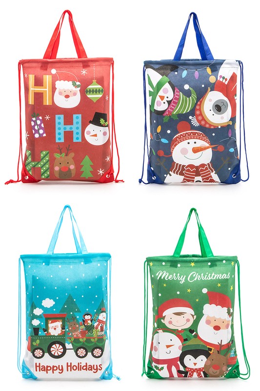 Holiday gift bags with a festive design, perfect for larger presents. Adjustable height from 16.75" to 22.5". Includes a cheerful snowman or jolly Santa design.