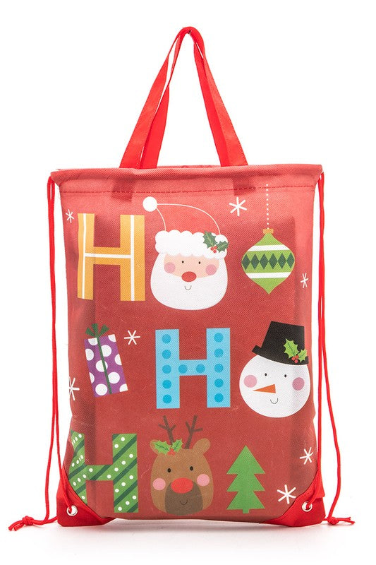 Holiday gift bag with a festive design, perfect for larger presents. Adjustable height from 16.75" to 22.5". Includes a cheerful snowman or jolly Santa design.