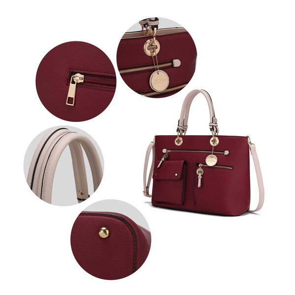 A series of detailed shots highlighting the gold-tone hardware, durable handles, adjustable strap, and fine craftsmanship.